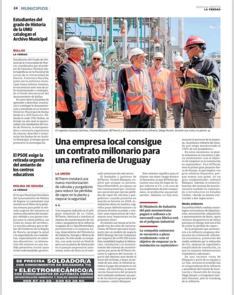 Noticia en prensa sobre proyecto de BiTherm en Uruguay